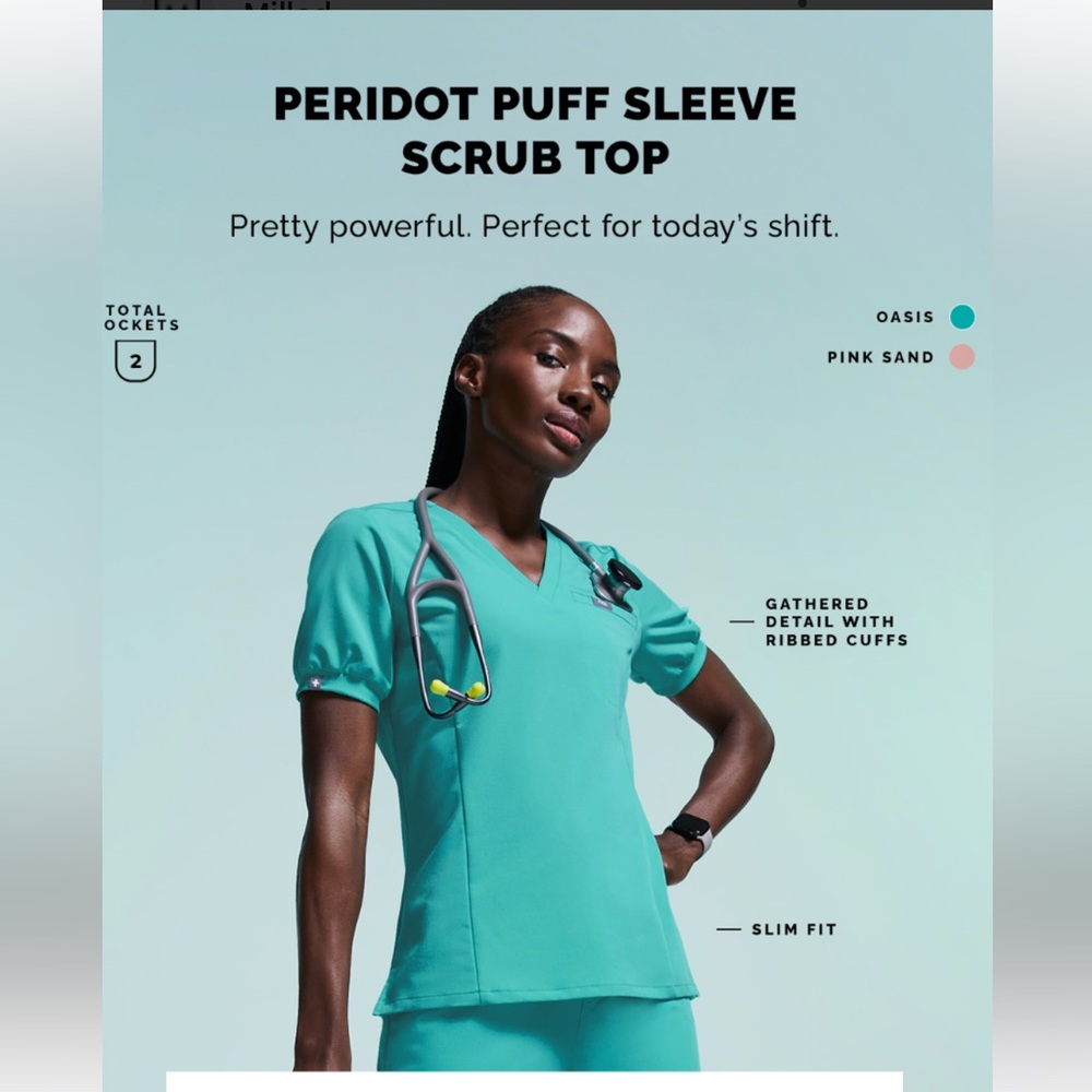 Figs Peridot Puff‎ Sleeve Scrub Top small nurse workwear hospital